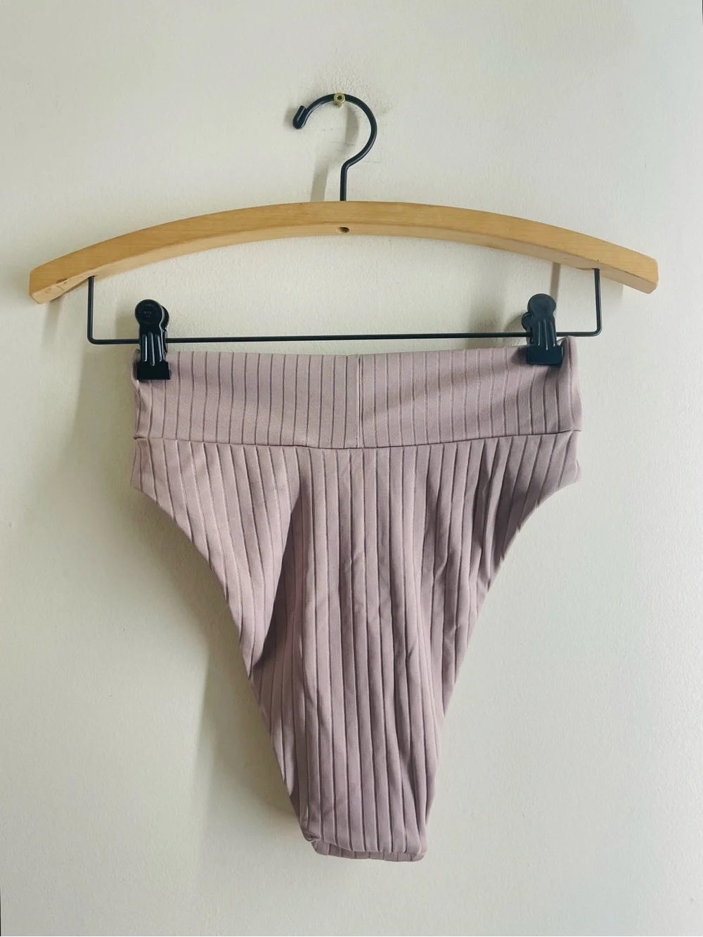 Aerie High Waisted High Cut Cheeky Bikini Bottom M Mauve Ribbed Crossover
